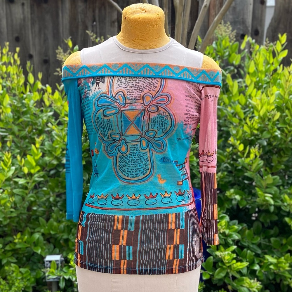 Save the Queen | Multi colored mesh 3/4 length sleeves off the shoulder top
